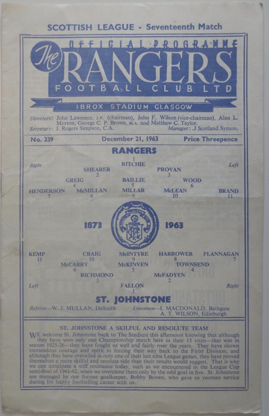 Blast From The Past – Rangers 2-3 St Johnstone, 21/12/1963